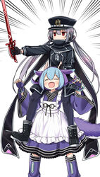  2girls absurdres black_scarf blue_hair blush boots carrying closed_eyes dragon_girl duel_monster fingerless_gloves gloves glowing glowing_sword glowing_weapon grey_hair hat highres horns kounosu_satori laundry_dragonmaid long_hair long_sleeves low_twintails maid multiple_girls oerba_yun_fang open_mouth peaked_cap red_eyes scarf short_hair shoulder_carry sky_striker_ace_-_roze tail thighhighs twintails two-tone_dress weapon wide_sleeves yu-gi-oh! 