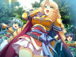  3girls armor blonde_hair blush bunshuu drill_hair game_cg ganryou katagiri_hinata koihime_musou multiple_girls 