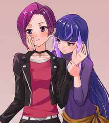  2girls aikatsu!_(series) aikatsu_stars! bad_id bad_pixiv_id blush choker commentary_request earrings fujimo_ruru green_eyes hibiki_anna holding_another&#039;s_wrist jacket jewelry leather leather_jacket long_hair multicolored_hair multiple_girls purple_eyes purple_hair short_hair simple_background smile sweatdrop two-tone_hair yachigusa_momoko yuri 