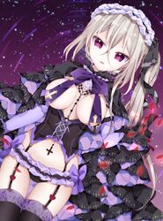  bad_id bad_pixiv_id black_cloak black_gloves black_panties black_thighhighs bow bow_panties bowtie breasts breasts_out cloak corset cross cross_cutout dress elbow_gloves fangs female frilled_panties frills garter_straps gloves grey_hair hairband heart highres jewelry lace lace-trimmed_legwear lace_trim lingerie lolita_fashion lolita_hairband long_hair looking_at_viewer medium_breasts necklace night night_sky open_mouth original panties petals purple_bow purple_eyes reflection ripples rose_petals side_ponytail sky solo star_(sky) starry_sky thighhighs toma_tokage underwear vampire 