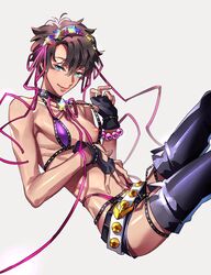  1boy bare_shoulders bb_(fate) bb_(swimsuit_mooncancer)_(fate) bb_(swimsuit_mooncancer)_(fate)_(cosplay) bb_(swimsuit_mooncancer)_(second_ascension)_(fate) belt bikini black_choker black_footwear black_gloves black_shorts blue_eyes boots bracelet brown_hair choker closed_mouth commentary_request cosplay crossdressing fate/grand_order fate_(series) fingerless_gloves from_side fujimaru_ritsuka_(male) gloves grey_background hairband hand_up highres jewelry looking_at_viewer male_focus micro_shorts nipples partial_commentary pearl_bracelet purple_bikini saint_quartz_(fate) seductive_smile shorts simple_background smile solo swimsuit tenobe thigh_boots thighhighs 