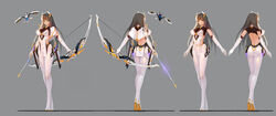  300_heroes absurdres arrow_(projectile) ass bad_id bad_pixiv_id bow_(weapon) breasts capelet commentary_request elbow_gloves female glasses gloves grey_background grey_hair headgear high_heels highres large_breasts leotard long_hair looking_at_viewer multiple_views orange_eyes pantyhose pelvic_curtain photoshop_(medium) reference_sheet shiny_clothes simple_background standing weapon white_legwear white_leotard zhuore_zhi_hen 