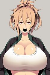  blonde_hair breasts camui_kamui cleavage female huge_breasts jacket open_clothes open_jacket open_mouth original ponytail red_eyes solo tank_top 