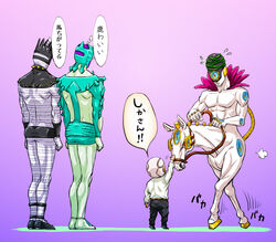  1boy aged_down c-7_(assate) c-moon_(stand) commentary_request enrico_pucci flying_sweatdrops gradient_background jojo_no_kimyou_na_bouken legs_together lolicon made_in_heaven_(stand) male_focus patting purple_background stand_(jojo) stone_ocean translation_request trembling white_hair whitesnake_(stand) 