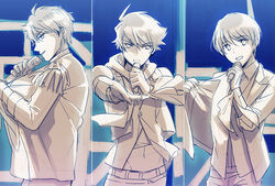  3boys beckoning commentary_request fuyumi_jun idolmaster idolmaster_side-m jacket male_focus microphone moon_night_no_sei_ni_shite_(idolmaster) multiple_boys necktie outstretched_arm scarf shiomizu_(shouroku) smile split_screen taiga_takeru takajo_kyoji 