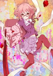  bad_id bad_pixiv_id black_pantyhose blood blood_sword blush bob_cut cardigan female glasses hemokinesis kuriyama_mirai kyoukai_no_kanata pantyhose pink_hair red-framed_eyewear sakuramochi_n school_uniform serafuku short_hair skirt solo sword weapon yellow_eyes 