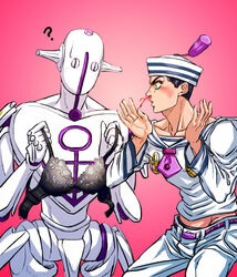  1boy ? anchor_symbol black_hair blood bra c-7_(assate) commentary_request dixie_cup_hat gradient_background green_eyes hat higashikata_josuke_(jojolion) jojo_no_kimyou_na_bouken jojolion male_focus military_hat nosebleed sailor soft_&amp;_wet surprised underwear 