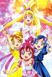  4girls :d absurdres aged_down aida_mana animage blonde_hair blue_eyes blue_hair brooch casual cure_heart cure_heart_(engage_mode) dokidoki!_precure dress dual_persona elbow_gloves gloves heart heart_brooch highres hishikawa_rikka imageboard_desourced jewelry long_hair magical_girl multiple_girls non-web_source official_art open_mouth orange_eyes orange_hair pink_eyes pink_hair ponytail precure purple_eyes smile ueno_ken very_long_hair yotsuba_alice 