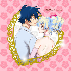  1boy blue_hair bride commentary_request couple cross-shaped_pupils earrings female flower groom hair_flower hair_ornament husband_and_wife jewelry multicolored_hair nia_teppelin photoshop_(medium) simon_(ttgl) smile straight symbol-shaped_pupils tengen_toppa_gurren_lagann two-tone_hair yukimitsuki 