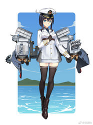  bad_link black_footwear black_gloves black_thighhighs blue_eyes dress female gloves hat highres military military_uniform original people&#039;s_liberation_army people&#039;s_liberation_army_navy ship short_hair solo thighhighs type_054_frigate uniform watercraft white_dress zi_se 