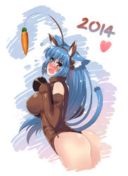  2014 animal_ears ass bare_shoulders blue_hair blush breasts butter-t carrot cat_ears cat_tail chinese_zodiac commentary embarrassed english_commentary fake_animal_ears female flying_sweatdrops headband heart hooves horse_ears horse_girl large_breasts long_hair open_mouth original photoshop_(medium) red_eyes solo tail year_of_the_horse 