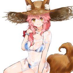  animal_ears bikini bikini_under_clothes blue_bikini bracelet breasts brown_hat cleavage collarbone commentary_request ears_through_headwear fate/grand_order fate_(series) female fox_ears fox_tail hair_over_shoulder hand_on_own_chest hat highres jewelry large_breasts long_hair looking_at_viewer navel orange_ribbon pink_hair ribbon see-through shirt short_sleeves side-tie_bikini_bottom simple_background sitting solo stomach straw_hat string_bikini sun_hat swimsuit tail takae_(poupee_en_biscuit) tamamo_(fate) tamamo_no_mae_(swimsuit_lancer)_(fate) tamamo_no_mae_(swimsuit_lancer)_(second_ascension)_(fate) tareme thighs wet wet_clothes wet_shirt white_background white_shirt yellow_eyes 