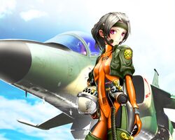  aircraft airplane bodysuit commentary_request female fighter_jet gloves jacket jet looking_at_viewer military military_vehicle mitsubishi_f-1 orange_bodysuit original photoshop_(medium) red_eyes shiny_clothes short_ponytail skin_tight solo suzuki_tadatomo vehicle_focus white_hair 