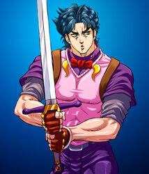  1boy blue_background blue_hair bow bowtie c-7_(assate) commentary_request cowboy_shot fingerless_gloves gloves gradient_background green_eyes jojo_no_kimyou_na_bouken jonathan_joestar luck_and_pluck male_focus muscular muscular_male official_alternate_costume open_mouth phantom_blood red_gloves solo sweater_vest sword weapon 