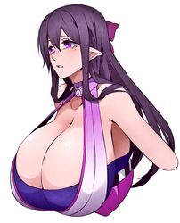  bow camui_kamui elf female hairbow halter_top halterneck mole mole_under_eye mutsuki1128_(twitter_username) original pointy_ears purple_eyes purple_hair solo strapless tubetop 