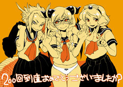  3girls alternate_hairstyle archangel_(p&amp;d) bespectacled blush braid commentary_request drill_hair echidna_(p&amp;d) glasses hair_ornament hand_on_another&#039;s_shoulder horns lamia lilith_(p&amp;d) long_hair long_skirt monochrome monster_girl multiple_girls navel neckerchief no_pants penetration_gesture pointy_ears puzzle_&amp;_dragons school_uniform serafuku short_hair skirt smile tomotsuka_haruomi twin_braids twin_drills twintails underwear v wavy_mouth wings 