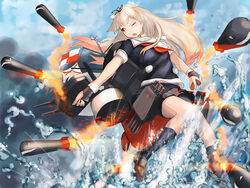  &gt;_o black_gloves black_ribbon black_serafuku black_skirt blonde_hair brown_footwear commentary_request doraxi female fingerless_gloves gloves gradient_hair gun hair_flaps hair_ornament hair_ribbon hairclip holding holding_gun holding_weapon kantai_collection kneehighs loafers long_hair looking_back machinery multicolored_hair neckerchief one_eye_closed open_mouth photoshop_(medium) pleated_skirt red_eyes ribbon scarf school_uniform serafuku shoes short_sleeves skirt socks solo torpedo turret water weapon white_scarf yuudachi_(kancolle) yuudachi_kai_ni_(kancolle) 