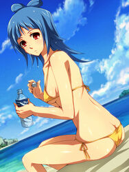  ass beach bikini blue_hair breasts butt_crack commentary_request day female long_hair looking_at_viewer misaki_(yu-gi-oh!) mugicha_(sukimachaya) outdoors red_eyes shiny_skin side-tie_bikini_bottom sideboob sitting small_breasts solo swimsuit underboob yellow_bikini yu-gi-oh! yu-gi-oh!_5d&#039;s 