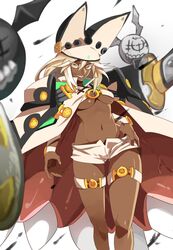  bad_id bad_pixiv_id belt belt_bra blonde_hair breasts cape commentary_request dark-skinned_female dark_skin female guilty_gear guilty_gear_xrd hand_on_own_hip highres huge_weapon jerun lucifero_(guilty_gear) medium_breasts navel parted_lips ramlethal_valentine sharp_teeth short_shorts shorts solo standing sword teeth underboob weapon yellow_eyes 