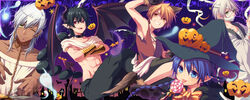  5boys :3 aladdin_(magi) ali_baba_saluja animal_ears bandages bat_wings black_hair blonde_hair blue_eyes blue_hair braid bug candy chains chiyu_(silverxxxx) choker crossed_arms dark-skinned_male dark_skin earrings fangs food gloves green_eyes grey_hair halloween happy hat highres horns ja&#039;far_(magi) jewelry judal lollipop long_hair magi_the_labyrinth_of_magic masrur md5_mismatch multiple_boys pumpkin red_eyes scan sharrkan short_hair silk smile spider spider_web star_(symbol) tail tongue white_hair wings wolf_ears yellow_eyes 