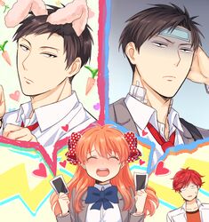  2boys ^_^ animal_ears bad_id bad_twitter_id bandages black_hair blush bow brown_eyes closed_eyes fake_animal_ears female gekkan_shoujo_nozaki-kun hairbow heart mery_(yangmalgage) mikoshiba_mikoto multiple_boys necktie nozaki_umetarou open_mouth orange_hair photo_(object) polka_dot polka_dot_bow rabbit_ears red_eyes red_hair sakura_chiyo smile 