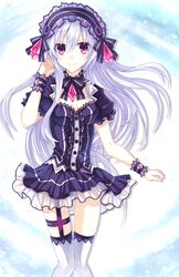  arm_garter bad_id bad_pixiv_id black_dress bow breasts choker dress fairy_fencer_f female frilled_skirt frills gothic_lolita hairband hand_on_own_ear hinano jewelry lolita_fashion lolita_hairband long_hair looking_at_viewer medium_breasts puffy_short_sleeves puffy_sleeves red_eyes ribbon short_sleeves skirt smile solo thigh_strap thighhighs tiara_(fairy_fencer_f) white_hair white_thighhighs 