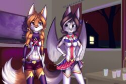  2018 3:2 5_fingers aisty_(mancoin) amber_(mancoin) anthro armwear black_body black_fur black_nose blue_eyes bottomwear bottomwear_pull breasts bridal_gauntlets canid canine canis claws clothed clothing clothing_lift clothing_pull colored_edge_panties cosplay costume countershading digital_media_(artwork) dipstick_tail domestic_dog duo eyewear female fingers fox foxyverse frilly frilly_clothing frilly_panties frilly_underwear front-print_panties fur glasses hair heterochromia hi_res husky league_of_legends legwear long_hair mammal mancoin markings midriff multicolored_body multicolored_fur multicolored_tail navel nordic_sled_dog open_mouth orange_body orange_fur panties panty_shot pink_clothing pink_panties pink_underwear print_clothing print_panties print_underwear red_eyes riot_games short_hair shorts shorts_pull signature skirt skirt_lift small_breasts smile spider_panties spider_web spitz star_guardian star_guardian_ahri star_guardian_jinx tail tail_markings tencent thigh_highs two_tone_body two_tone_fur underwear white_body white_fur wings 