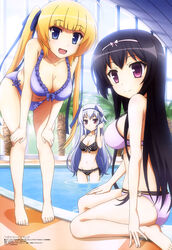  3girls :d absurdres adjusting_hair ahoge ass_visible_through_thighs backlighting barefoot bent_over bikini black_bikini black_hair blonde_hair blue_bikini blue_eyes blunt_bangs blush bow breasts checkered_floor cleavage closed_mouth day expressionless feet floral_print frilled_bikini frills from_side front-tie_bikini_top front-tie_top full_body gradient_hair grey_hair groin hair_flaps hair_ribbon hairband hairbow hand_on_own_thigh hand_up hands_on_own_knees happy highres indoors kitamura_tomoyuki large_breasts layered_bikini legs light_smile long_hair looking_back magazine_scan megami_magazine multicolored_hair multiple_girls narumi_toa non-web_source o-ring o-ring_bikini o-ring_bottom official_art open_mouth palm_tree pool poolside print_bikini purple_bikini red_eyes ribbon rokuonji_kaoruko sakuragi_roofolet_ashe scan shadow side-tie_bikini_bottom sideboob smile soaking_feet strap_gap sunlight swimsuit tree twintails very_long_hair wading wagamama_high_spec water window 