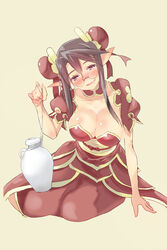  black_hair blush bottle breasts cleavage commentary_request double_bun drooling drunk female glasses hair_bun head_tilt highres large_breasts looking_at_viewer meimei_(summon_night) oi_ke open_mouth pointy_ears purple_eyes sake_bottle sitting solo summon_night 