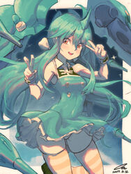  ahoge commentary_request dated double_v female funnels_(gundam) green_hair gundam gundam_unicorn highres korean_commentary kshatriya long_hair low_twintails mecha_musume orange_eyes oz_(gerbera7) photoshop_(medium) round_teeth signature striped_clothes striped_thighhighs teeth thighhighs twintails v very_long_hair wings zettai_ryouiki 