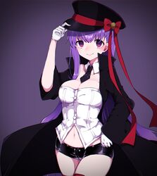  &gt;:) bb_(fate) bb_(fate/extra) black_coat black_hat black_necktie black_shorts blush bow breasts cleavage closed_mouth coat commentary_request cowboy_shot detached_collar fate/extra fate/extra_ccc fate_(series) female gloves gradient_background hand_on_headwear hat hat_bow highres long_hair looking_at_viewer medium_breasts navel necktie open_clothes open_coat peaked_cap purple_background purple_eyes purple_hair red_bow short_necktie short_shorts shorts smile solo standing straight_hair strapless takae_(poupee_en_biscuit) tareme v-shaped_eyebrows very_long_hair white_gloves 