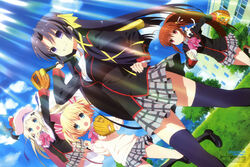  4girls absurdres ahoge arms_up baseball baseball_bat baseball_mitt bat_hair_ornament blonde_hair blue_eyes bow brown_hair cape cloud day dutch_angle feline hair_ornament hair_ribbon hand_on_own_hip hat highres kamikita_komari kurugaya_yuiko legs little_busters! little_busters!_school_uniform long_hair mary_janes multiple_girls natsume_rin newtype noumi_kudryavka official_art open_mouth outdoors pink_bow ponytail purple_eyes red_eyes ribbon scan school school_uniform shoes short_twintails sky smile socks thighhighs twintails very_long_hair yoshida_yuuko_(animator) zettai_ryouiki 