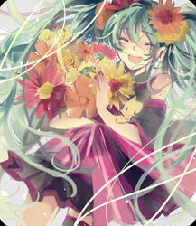  commentary_request detached_sleeves female flower green_hair hair_flower hair_ornament hatsune_miku jikei long_hair open_mouth skirt solo thighhighs very_long_hair vocaloid 