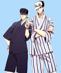  2boys afjc black_hair blue_eyes bracelet commentary_request diamond_wa_kudakenai hat higashikata_josuke japanese_clothes jewelry jojo_no_kimyou_na_bouken kimono kujo_jotaro multiple_boys photoshop_(medium) pompadour v 