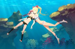  2girls ^_^ absurdres bare_shoulders barefoot blonde_hair bow breast_press breasts closed_eyes commentary_request feet flat_chest groin hairbow highres hug large_breasts legs light_rays long_hair marin_(umi_monogatari) md5_mismatch midiman multiple_girls navel pink_hair ponytail resolution_mismatch revision shorts source_larger sunbeam sunlight toeless_legwear umi_monogatari underwater urin_(umi_monogatari) 