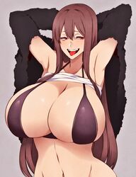  arms_behind_head bikini_top breasts camui_kamui female fur_jacket halter_top halterneck huge_breasts original red_eyes red_hair shirt_lift smile solo tongue 