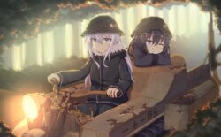  2girls ak-47 akatsuki_(kancolle) assault_rifle blue_eyes brodie_helmet chito_(shoujo_shuumatsu_ryokou) chito_(shoujo_shuumatsu_ryokou)_(cosplay) combat_helmet commentary_request cosplay forest gun hat helmet hibiki_(kancolle) kalashnikov_rifle kantai_collection kettenkrad lolikaku long_hair looking_at_viewer military military_hat military_uniform motor_vehicle motorcycle multiple_girls nature purple_eyes purple_hair rifle shoujo_shuumatsu_ryokou uniform verniy_(kancolle) weapon white_hair yuuri_(shoujo_shuumatsu_ryokou) yuuri_(shoujo_shuumatsu_ryokou)_(cosplay) 