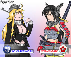  2girls admiral_paru armor artist_name black_hair blonde_hair breasts civilization_(series) civilization_v cleavage commentary_request cosplay dated george_washington_(civilization) george_washington_(civilization)_(cosplay) iowa_(kancolle) kantai_collection large_breasts long_hair multiple_girls nagato_(kancolle) oda_nobunaga_(civilization) oda_nobunaga_(civilization)_(cosplay) pun star-shaped_pupils star_(symbol) symbol-shaped_pupils 