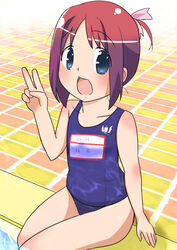  amamiya_manami bad_id bad_pixiv_id blue_eyes commentary_request female gakuen_utopia_manabi_straight! open_mouth pool poolside red_hair school_swimsuit solo swimsuit thighs v water zatunako15 