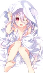  ;d absurdres barefoot bed_sheet collarbone date_a_live date_a_live:_twin_edition_rio_reincarnation feet female flat_chest foot_out_of_frame highres long_hair nude official_art one_eye_closed open_mouth pink_hair red_eyes simple_background smile soles solo sonogami_rio toes tsunako white_background 