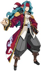  1boy ascot belt blue_hair boots coat demon_boy disgaea epaulettes full_body grey_pants hand_on_own_hip harada_takehito headband long_hair looking_at_viewer makai_senki_disgaea_5 male_focus official_art pants pirate_(disgaea) pointy_ears red_coat red_headband shirt solo standing tachi-e white_shirt 