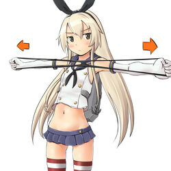  arrow_(symbol) bad_id bad_pixiv_id black_eyes blonde_hair elbow_gloves exercising female gloves hairband holding holding_clothes holding_panties holding_underwear kantai_collection long_hair miniskirt outstretched_arms panties presenting_removed_panties shimakaze_(kancolle) shuuji_(shumi) simple_background skirt solo spread_arms striped_clothes striped_thighhighs thighhighs thong underwear unworn_panties white_background 