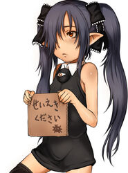  backbeako_(torotei) backbeard black_hair commentary_request dress e10 female gegege_no_kitarou hair_over_one_eye hair_ribbon holding holding_sign orange_eyes original pointy_ears ribbon sign sleeveless sleeveless_dress solo thighhighs translated twintails zettai_ryouiki 