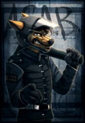  2014 acab anthro archived_source black_border border canid canine canis clothing domestic_dog fur hi_res male mammal police politics riot_gear riot_helmet riot_police solo suzamuri uniform 