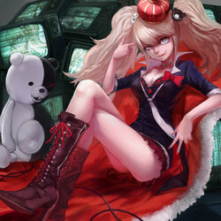  bear big_hair blonde_hair boots bra breasts charimei cleavage commentary cross-laced_footwear crossed_legs danganronpa:_trigger_happy_havoc danganronpa_(series) enoshima_junko female finger_gun finger_gun_to_head glasses ikusaba_mukuro long_hair medium_breasts monokuma multiple_persona nail_polish one_eye_closed photoshop_(medium) pleated_skirt polka_dot polka_dot_bra sitting skirt sleeves_rolled_up spoilers television twintails underwear v 