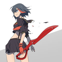  bad_id bad_pixiv_id black_hair female hair_over_one_eye highres kill_la_kill matoi_ryuuko multicolored_hair name_(sh) red_hair school_uniform scissor_blade_(kill_la_kill) senketsu short_hair skirt solo suspenders sword torn_clothes two-tone_hair weapon 