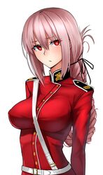  arms_behind_back bangs belt between_breasts blush braid breasts covered_nipples epaulettes fate/grand_order fate_(series) florence_nightingale_(fate/grand_order) hair_between_eyes large_breasts long_hair long_sleeves looking_at_viewer mandarin_collar military military_uniform pink_hair red_eyes sam_browne_belt shijiu_(adamhutt) single_braid skirt solo strap_cleavage tied_hair uniform upper_body very_long_hair 