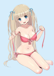  :d barefoot bikini blonde_hair blue_background blue_eyes breasts cleavage commentary_request female front-tie_top full_body happy highres large_breasts long_hair navel open_mouth original revision side-tie_bikini_bottom simple_background sitting smile solo swimsuit tera_(teraura) twintails untied_bikini untying very_long_hair yokozuwari 