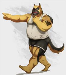  2013 anthro biceps big_muscles canid canine canis clothing coach domestic_dog ear_piercing fur german_shepherd herding_dog male mammal musclegut muscular pastoral_dog piercing shirt slightly_chubby solo tank_top taoren tattoo topwear walking whistle_(disambiguation) 