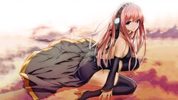  bare_shoulders black_dress black_legwear black_thighhighs blue_eyes breasts detached_sleeves dress female female headphones high_heels highres large_breasts legs long_dress long_hair looking_at_viewer looking_back megurine_luka parted_lips pink_hair saitom sideboob sitting solo thighhighs vocaloid wariza yellow_high_heels 